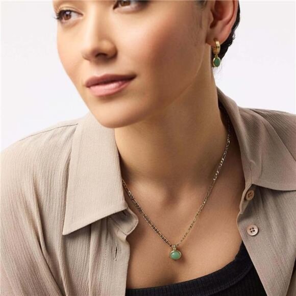 Green aventurine jewelry set gold necklace hoop earrings bracelet jade gift - Picture 3 of 7